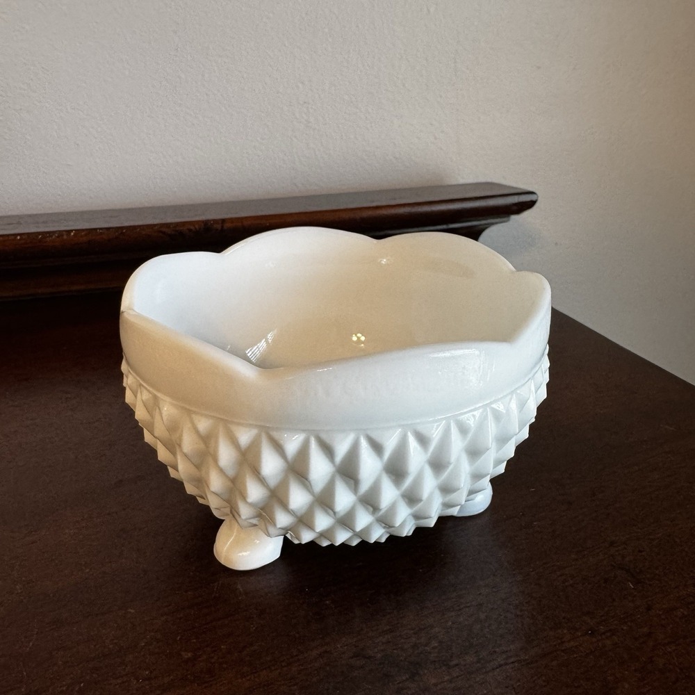 5" Footed Milk Glass Candy Bowl Diamond Cut Shaped
